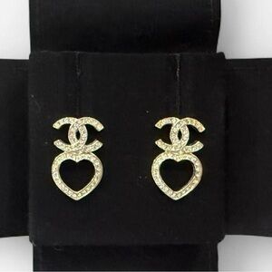 Chanel Heart & CC Logo Crystal Stud Earrings